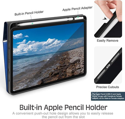 KingBlanc Case for iPad (A16) 11th Generation 11-inch 2025, iPad 10th Generation 10.9" 2022 with Pencil Holder, Vegan Leather Protective Stand Cover, Auto Sleep Wake, Multi-Angle Viewing/Typing, Blue