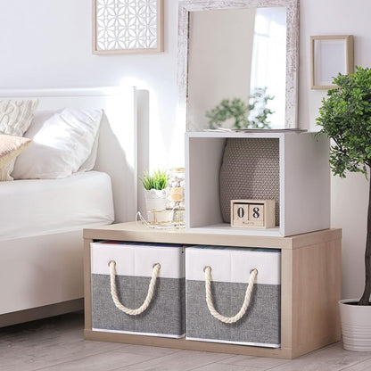 Yawinhe Foldable Storage Baskets for Shelves, Fabric Storage Cubes with Rope Handle, Closet Organizers for Clothes, 3-Pack, 14.96''Lx9.84''Wx8.26''H, White/Grey