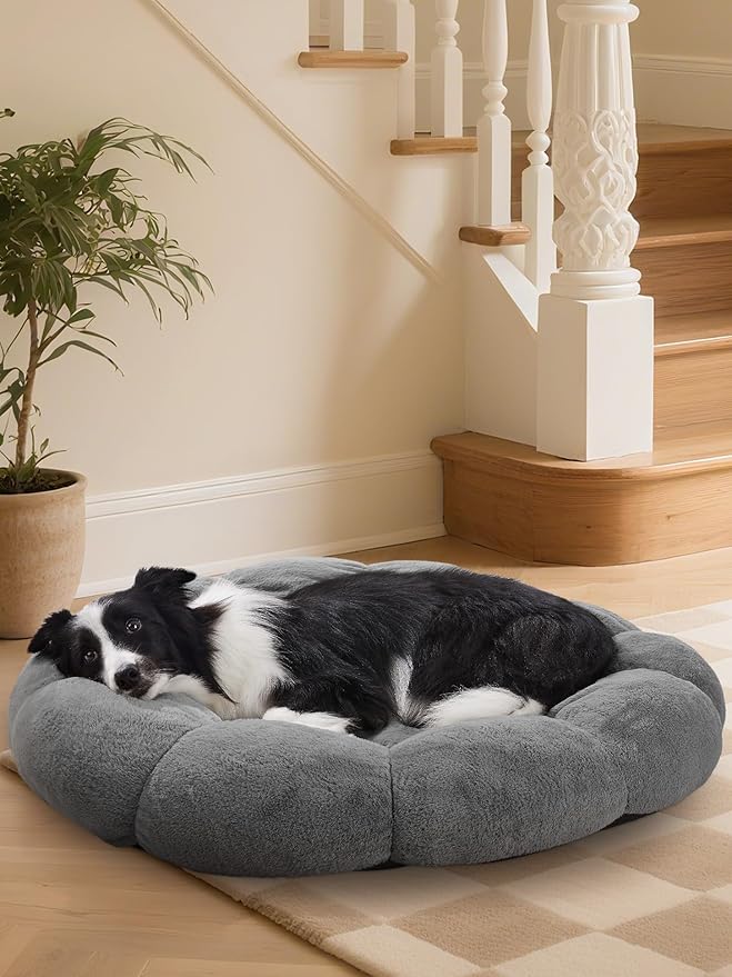 OhGeni 36 inches Calming Donut Orthopedic Dog & Cat Bed for Large Pets, Warming Comfort Fluffy Short Pile Fur, Durable Waterproof Machine Washable Removable Cover, Cute Round Bed for Puppy, Dark Gray