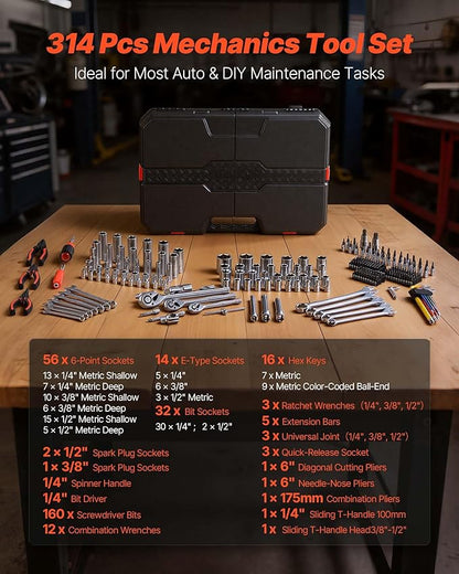 VEVOR Mechanics Tool Set, 314-Piece Mechanic Tool Kit, 1/4 in, 3/8 in, and 1/2