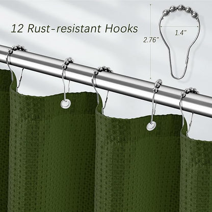 PANGSINNE Green Shower Curtain for Bathroom Waffle Textured Heavy Duty 78 Inch Shower Curtain Set for Bathroom, Water Repellent 256GSM Neutral Fabric Shower Curtains with 12 Metal Hooks, 72Wx78H