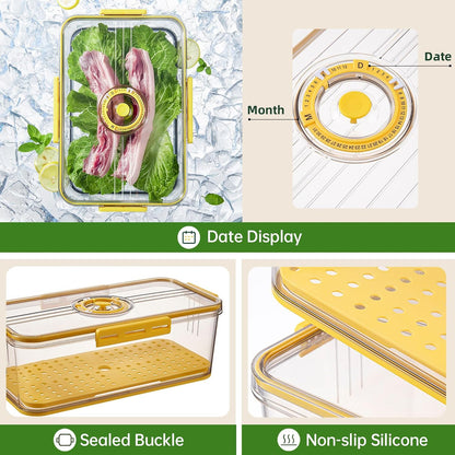 CottonColors Fridge Organizer, Food Storage Containers With Lids for Timer & Drain Board Stackable Refrigerator Organizers and Storage(Tall & Short, Small, 3.3 L + 1.5 L, 2 Pack)