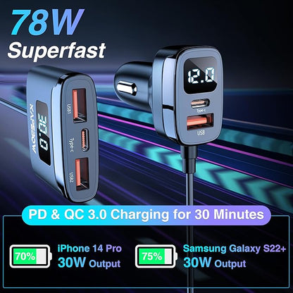 kapebow 78W Fast Charging USB C Car Charger, 5 Port Car Phone Charger with Voltage Display, 5FT Extention PD&QC 3.0 Type C Car Charger for Back Seat for iPhone iPad Samsung Pixel Phones