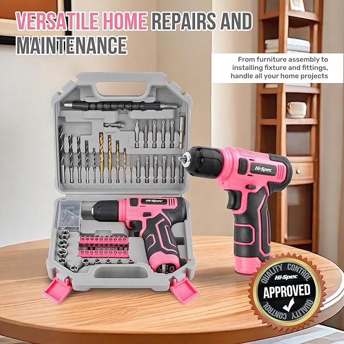 Hi-Spec 110pc Pink 8V USB Electric Power Cordless Womens Drill Driver Set.