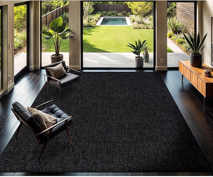 CAMILSON Easy Jute Rug 8x10, Indoor Outdoor Dark Gray Black Farmhouse Area Rugs for Living Room Patio and Kitchen Rug Solid Boho Woven Design Easy-Cleaning Washable Outside Carpet Alfombras (8 x 10)