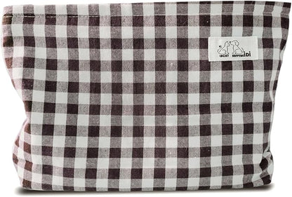 HAPPYHEIDI Brown Gingham Cotton Makeup Bag Cosmetic Travel Pouch Purse Organizer, Zipper Closure, Canvas Lined, Vintage Coffee Brown