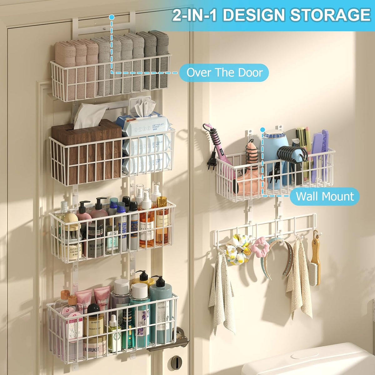Adjustable Over The Door Organizer, Metal Hanging Door Organizer with 5 Wire Basket 7 Hooks, Wall Mounted Shelf for Pantry Closet Organization and Storage, White