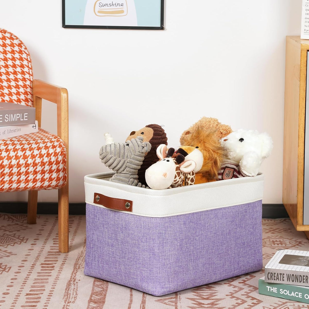 DULLEMELO Storage Baskets for Organizing, Shelves,Bedroom, Decorative Storage Bins with Leather Handles, Fabric Storage Basket for Office, Toys(3-Pack, White&Purple)