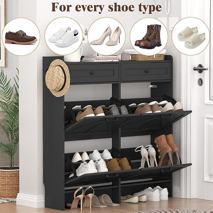 Shoe Cabinet with 4 Flip Drawers & 2 Storage Drawers, Rustic Farmhouse Narrow