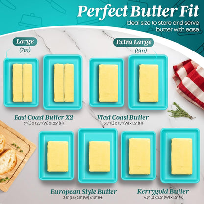 Flexzion Ceramic Blue European Butter Dish with Lid for Countertop (8 Inch) - Wide 2 Stick Double Butter Holder for Counter, Cream Cheese Container Storage Keeper