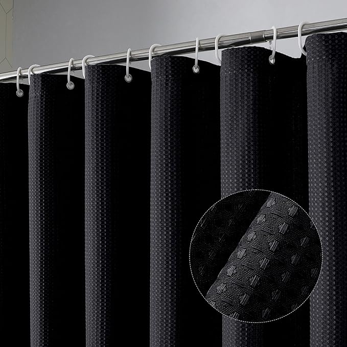OVZME Extra Long Shower Curtain Set- 96 Inch Long Waffle Weave Heavy Duty Fabric Shower Curtains for Bathroom, Luxury Heavy Duty Thick Cloth Shower Curtain with 12 Plastic Hooks, 72x96, Black