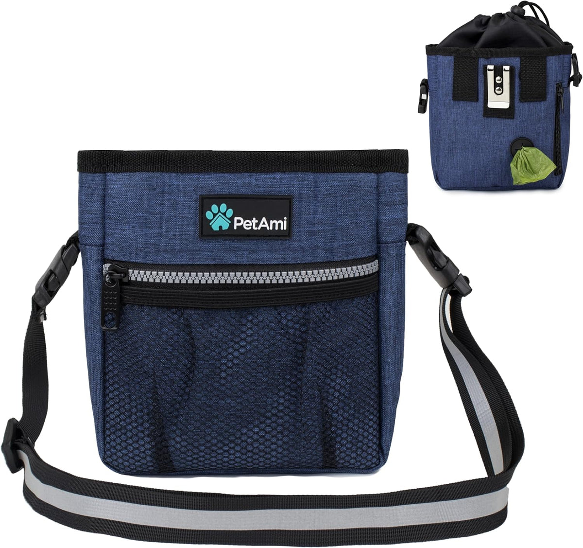 PetAmi Dog Treat Pouch, Pet Treat Pouch for Training, Dog Walking Bag Holder for Kibbles, Pet Food Toy, Dog Trainer Essentials Supplies, Poop Bag Dispenser, 3 Ways to Wear (Heather Navy)