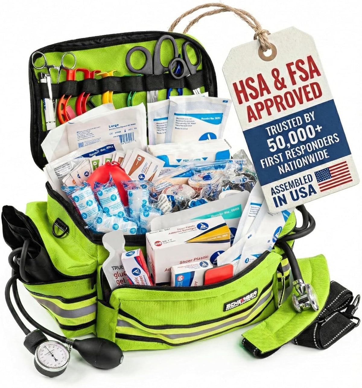 Scherber First Responder Fully-Stocked Professional Essentials EMT/EMS Trauma Kit | HSA/FSA Approved | Reflective Bag w/8 Zippered Pockets & Compartments & 200+ First Aid Supplies - Yellow