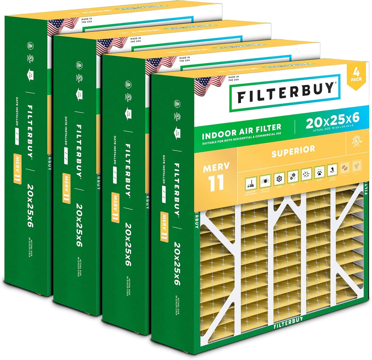 Filterbuy 20x25x6 Air Filter MERV 11 Superior Pet & Allergy Defense (4-Pack), Pleated HVAC AC Furnace Filters for AprilAire Space-Gard 201, 2200, 2250, & Lennox (Actual Size: 19.75 x 24.25 x 6.00)