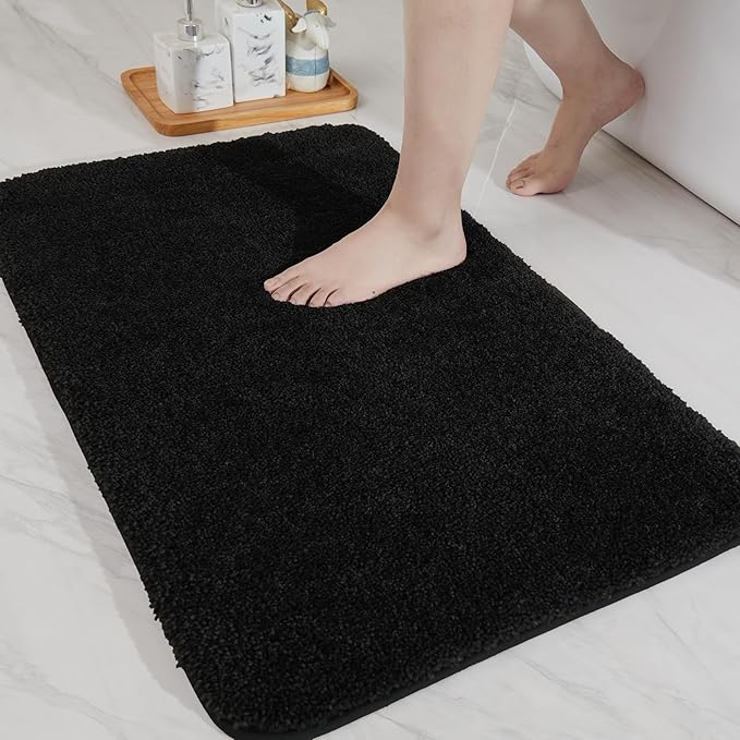 COSY HOMEER Bathroom Rugs Mat 20”x32” Absorbent Non-Slip Bath Mat Plush Shaggy Machine Washable Bath Rugs Soft Polyester Bath Mats for Bathroom Floor,Tub and Shower,Black