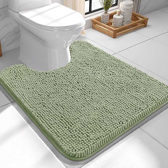 OLANLY Toilet Rugs U-Shaped 24x24, Extra Soft Absorbent Chenille Contour Bathroom Rugs for Toilet, Dry Quickly, Machine Washable, Non-Slip Bath Mat, Sage Green