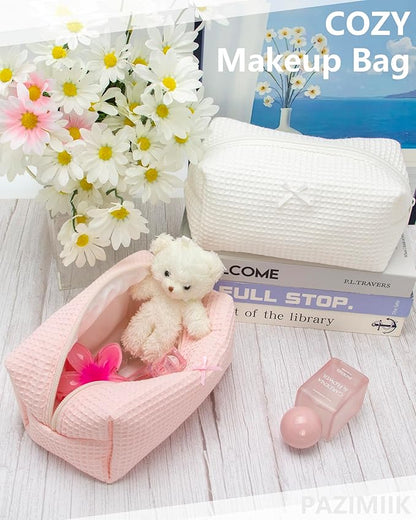PAZIMIIK 2PCS Cozy Makeup Bag Travel Cosmetic Bag for Women Soft Toiletry Bag Aesthetic Makeup Organizer Portable Large Zipper Pouch for Skincare Beauty Accessories Brushes Waffle Check Light Pink