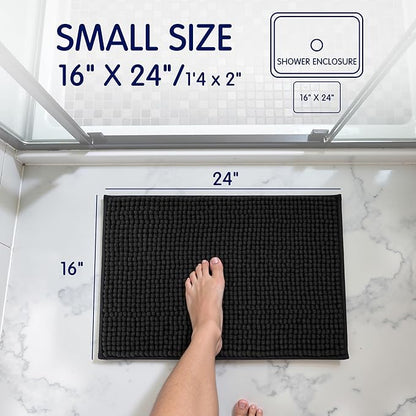 SUBRTEX Bathroom Rugs Chenille Bath Rug Soft Short Plush Bath Mat Soft Shower Mat Water Absorbent Shower Mat Quick Dry Machine Washable(Black,16" x 24")
