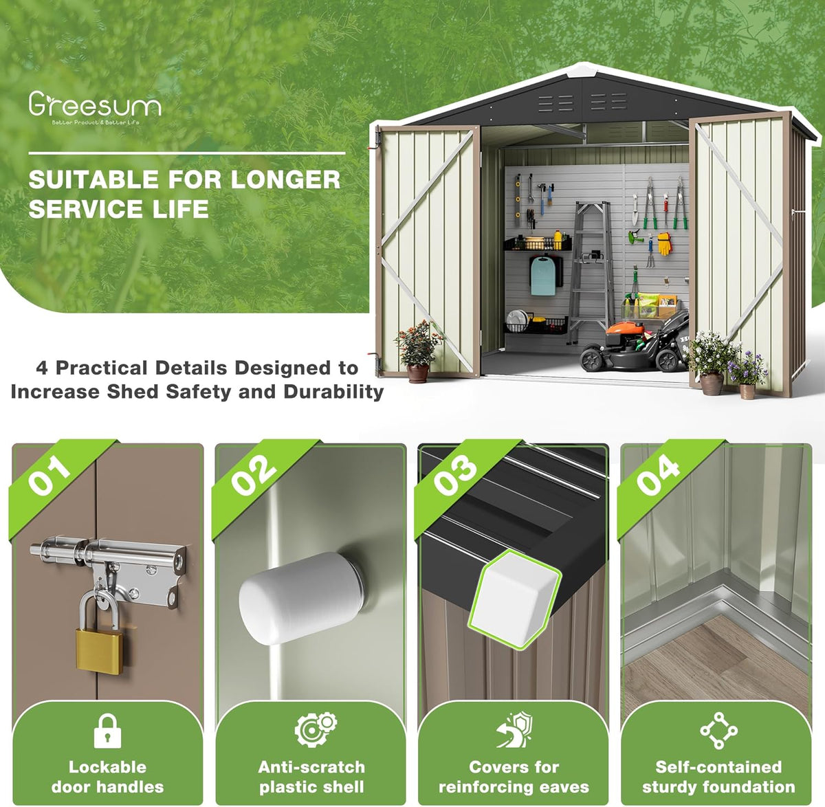 Greesum Outdoor Storage Shed 6 x 8 ft. Utility Tool Shed Metal Storage Garden Shed with Door & Lock for Patio Storage, Brown