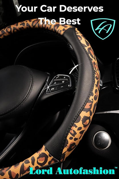 Lord Autofashion Steering Wheel Cover – PU Leather, Non-Slip Rubber Inner, All-Season Comfort – 14.5–15 Inch (Black/Leopard 8684)