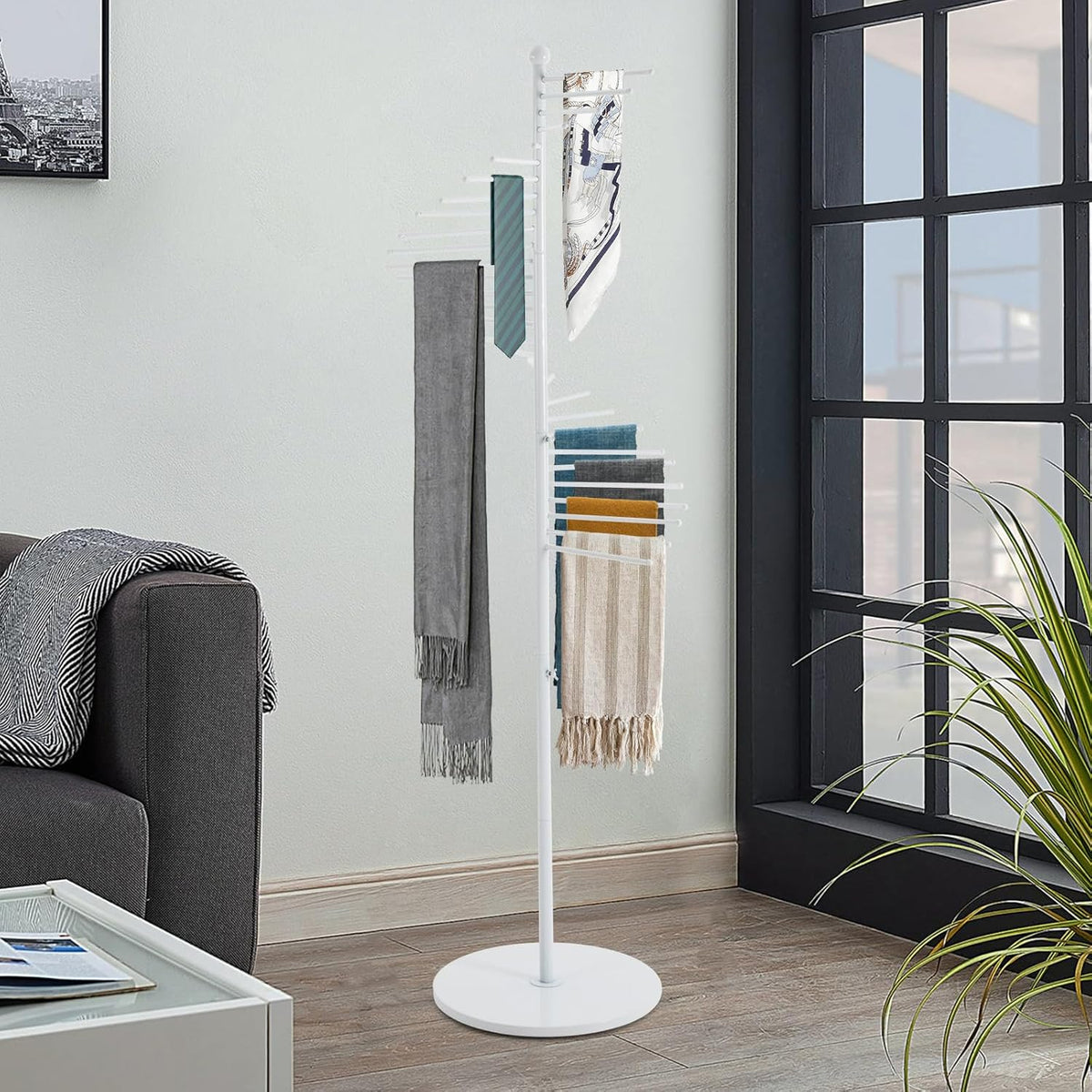 Spiral Scarf Display Stand, Freestanding Hijab Organizer with Multiple Rods, Metal Scarf Rack for Clothing Store Home, White