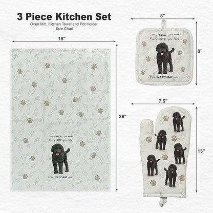 Labradoodle 3-Piece Kitchen Set - Oven Mitt, Pot Holder & Kitchen Towel Set, Heat Resistant up to 420 F, Soft Quilted Cotton for Cooking, Baking, BBQ, Pet Lover Gifts (Labradoodle)