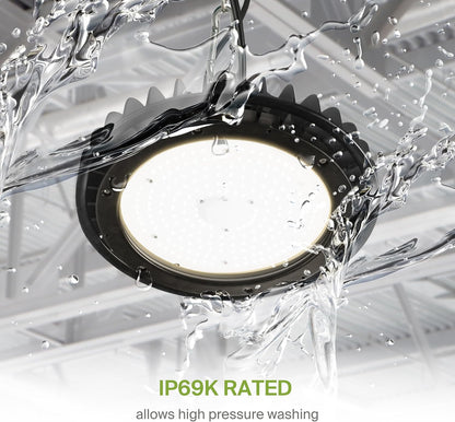 ASD LED High Bay UFO Light Fixture, Commercial Shop Lighting | Dimmable, IP69K Waterproof, DLC Premium, UL Listed | 200W 29000LM 3500K 100-277V | Warehouse, Garage, Workshop, Barn Lamp | Black, 6 Pack