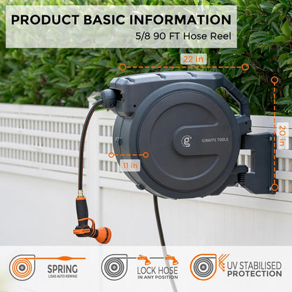Giraffe Tools Retractable Garden Hose Reel 5/8 inch x 90 ft Hose Reels for Outside, Wall Mounted Water Hose Reel with 180 Deg Swivel Bracket, Any Length Lock, 9 Pattern Hose Nozzle