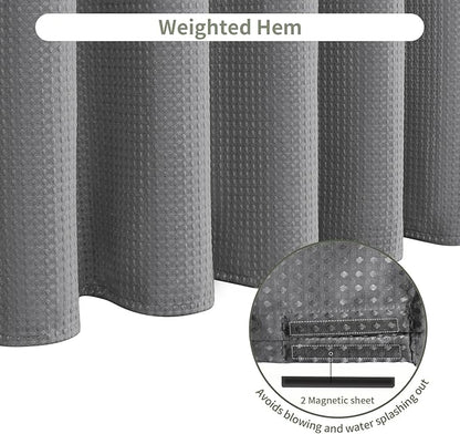 Inhousolu Fabric Shower Curtain Waffle Weave, 230 GSM Heavy Duty, Weighted Hem, 14 Metal Hooks, Water Repellent, Machine Washable, Hotel Spa Luxury Bath Curtain Set, 72 x 84 Inch, Grey