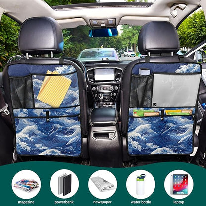 1 Pack Back Seat Car Organizer with Storage Pockets Kick Mats Back Seat Protector Hanging Car Organizer Automotive Seat Back Cover Organizers Japanese Deep Blue Sea Waves