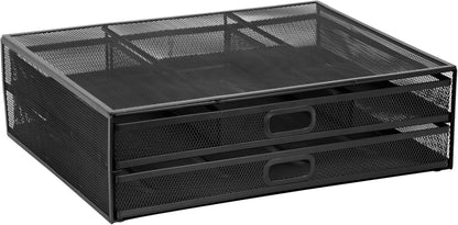 MOUNT-IT! Computer Monitor Stand With Drawers, Metal Mesh Riser and Organizer for Laptops and Computer Screens, Laptop, and Printer Accessories and Office Supplies (Black)