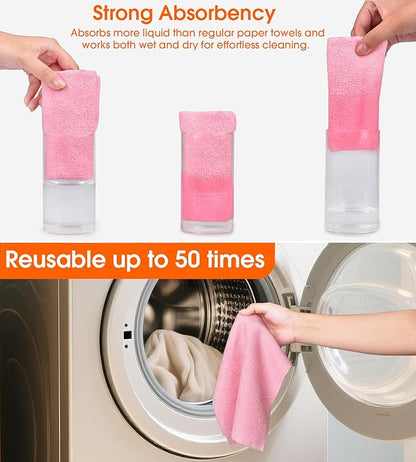 CHAUNCEY HOME Microfiber Cleaning Cloth Roll - 100 Pack Tear Away Microfiber Paper Towels, Reusable, Washable, Scratch-Free, Kitchen Towels for Car, Home, Kitchen, Glass, Dishes(Pink)