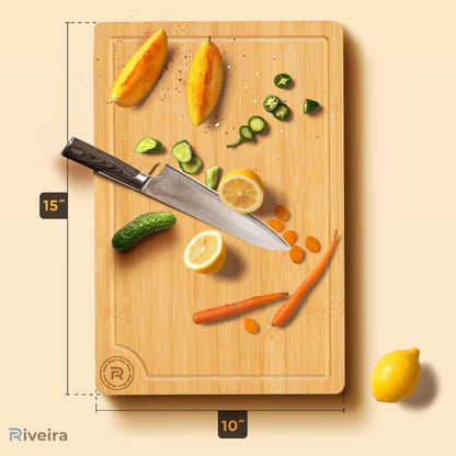 Riveira Wood Cutting Board – Gourmet Bamboo Grandeur: 15 x 10 Inches Wooden Cutting Boards For Kitchen – Natural Cutting Boards For Kitchen – Innovative Juice Grooves Non Toxic Cutting Board