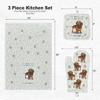 Dachshund 3-Piece Kitchen Set - Oven Mitt, Pot Holder & Kitchen Towel Set, Heat Resistant up to 420 F, Soft Quilted Cotton for Cooking, Baking, BBQ, Pet Lover Gifts (Dachshund Red)