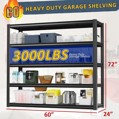 60" W Garage Shelving Heavy Duty,5 Tier Storage Shelves,3030LBS Adjustable Shelf Unit, Metal Garage Shelving for Warehouse Industrial Basement, 72" H × 60" W × 24" D, Black