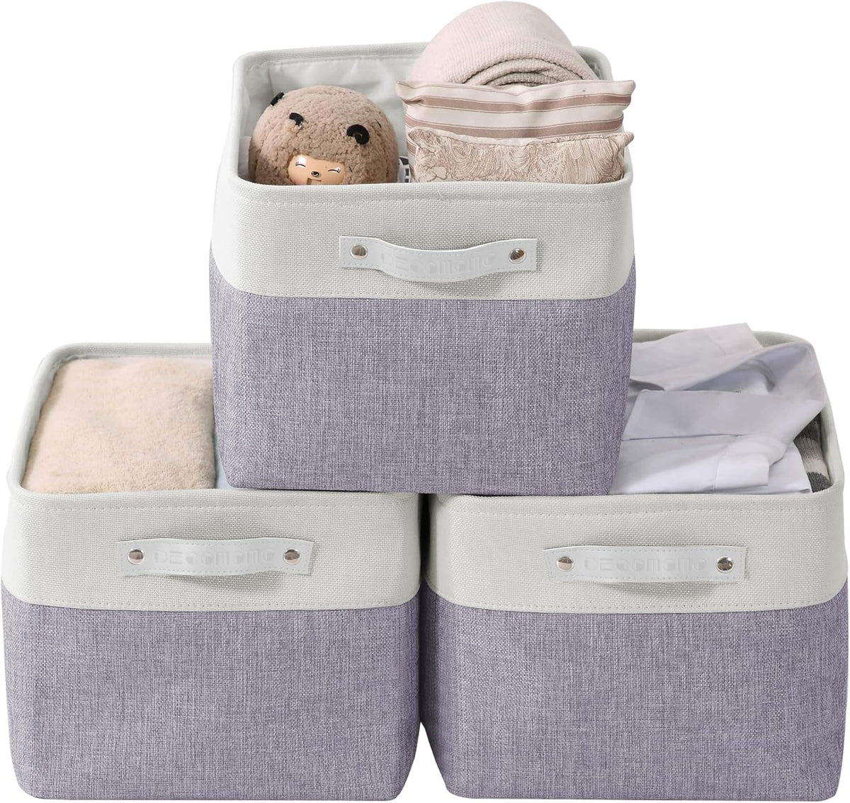 DECOMOMO Storage Baskets for Shelves - Fabric Storage Bins, Linen Closet Organizers and Storage (Purple & White, Large - 3 Pack)