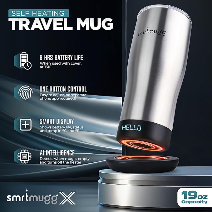 X Heated Coffee Mug 19 oz., 8 Hour Battery Life, Self-Heating, Adjustable Temp