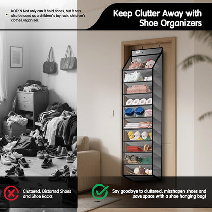 10 Tier Over The Door Organizer - Heavy Duty Hanging Storage Rack with Sturdy Oxford Fabric, Holds 20+ Pairs of Footwear, Boots & Sneakers, Saves 50% Closet Space (Gray)