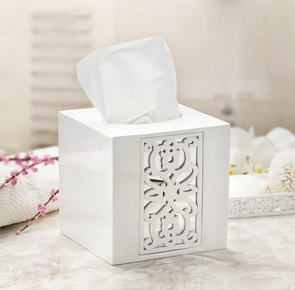Creative Scents Mirror Janette White Tissue Box Cover Square - Decorative Square Tissue Box Holder for Bathroom with Durable Bottom Slider - Beautiful Mirrored Tissue Holder for Bathroom