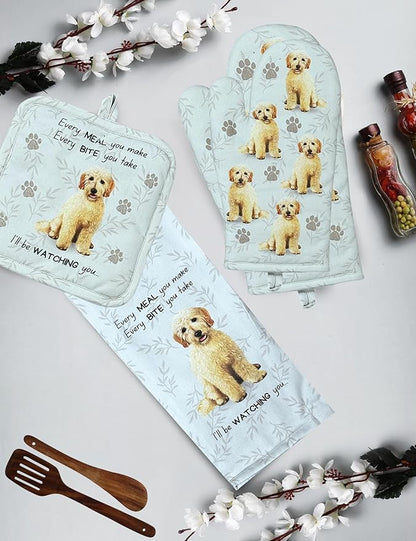 Goldendoodle 3-Piece Kitchen Set - Oven Mitt, Pot Holder & Kitchen Towel Set, Heat Resistant up to 420 F, Soft Quilted Cotton for Cooking, Baking, BBQ, Pet Lover Gifts (Goldendoodle)
