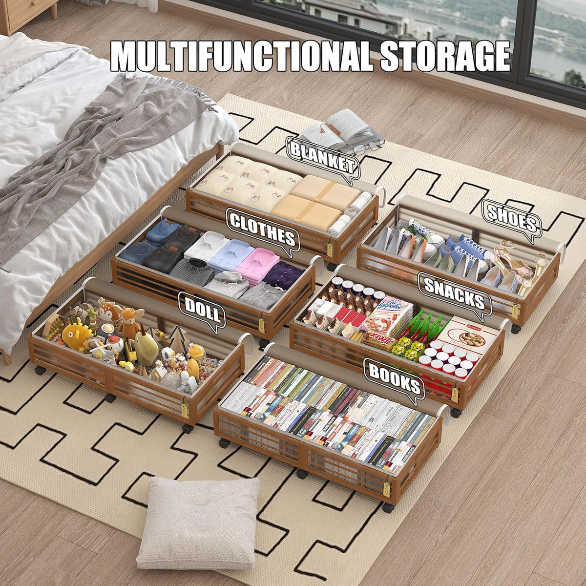 Bamboo Underbed Storage Containers with Wheels & Bag 2 Pack, Large Under Bed Rolling Storage Bins Wood Under Bed Clothes Storage Stackable Drawers for Bedroom Closet Under Crib Toy(Walnut)