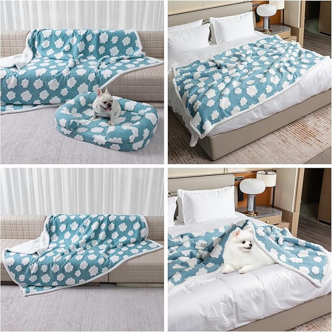 Maidewow Waterproof Pet Blanket for Dogs,Blue Stylish Jacquard Pets Blankets for Cat 85x85in Bed Couch Covers Puppy Sharpa Fleece Cats Washable Reversible Furniture Protection (Blue Cloud,XXL)