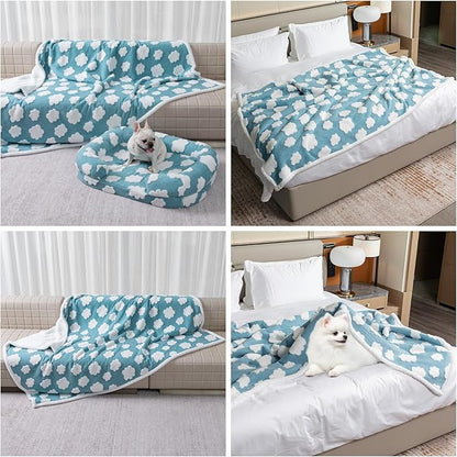 Maidewow Waterproof Pet Blanket for Dogs,Blue Stylish Jacquard Pets Blankets for Cat 85x85in Bed Couch Covers Puppy Sharpa Fleece Cats Washable Reversible Furniture Protection (Blue Cloud,XXL)