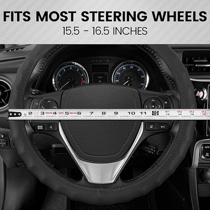 BDK Genuine Black Leather Steering Wheel Cover for Car, Large 15.5-16 inch – Ergonomic Comfort Grip for Men & Women, Car Steering Wheel Cover for Vehicles with Large Steering Wheels