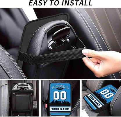 Custom Carolina Car Armrest Covers Personalized Football Style with Name Number Customized Auto Center Console Pad Car Handrail Box Cushion for Most Vehicle Decor Accessories, Fans Gift