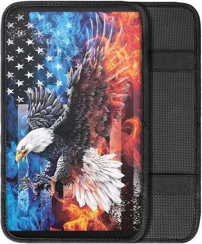 Horeset American Flag Flame Eagle Car Console Covers for SUV Universal Fit Cow Spot Auto Armrest Seat Box Cover Interior Protector, Easy to Install