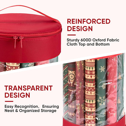 BALEINE Christmas Wrapping Paper Organizer Storage, 41" Gift Wrapping Paper Storage Containers, Clear PVC with Durable 600D Oxford Fabric Gift Wrap Paper Holder Fits 18-25 Rolls, Red