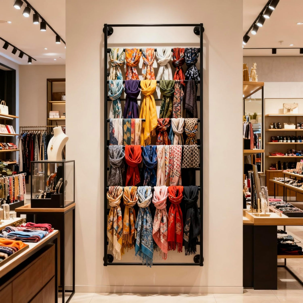 10-Layer Wall Mounted Display Rack, Wrapping Paper Ribbon Organizer Scarves Tie & Scarf Rack Belts Towel Holder Necktie Hijab Stand Metal Shelving for Home, Retail Stores, Flower Shop