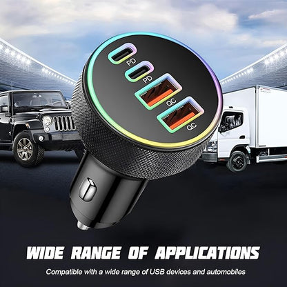4 in 1 USB C Car Charger, 4-Port 90W PD QC Dual USB C & USB A Vehicle Fast Charging Cigarette Lighter Adapter, Multiport Auto Phone Charge Adapter, Fits 16 15 14 Pro Max Tablet (Black)