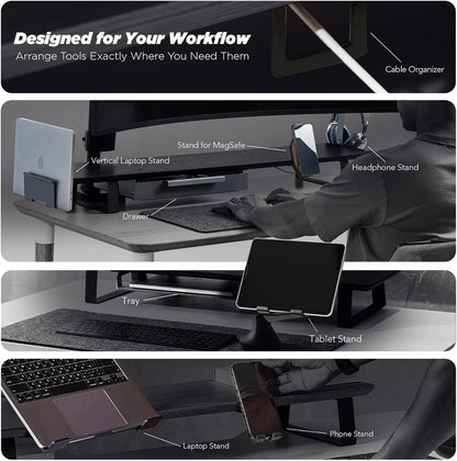 Moodular Wooden Monitor Stand 45.6” (116cm) Large Desk Organizer with Metal Slide Rails for Drawer, Tray, Laptop, Tablet, Phone & Headphones Customizable Riser for Organized Workspace Oak